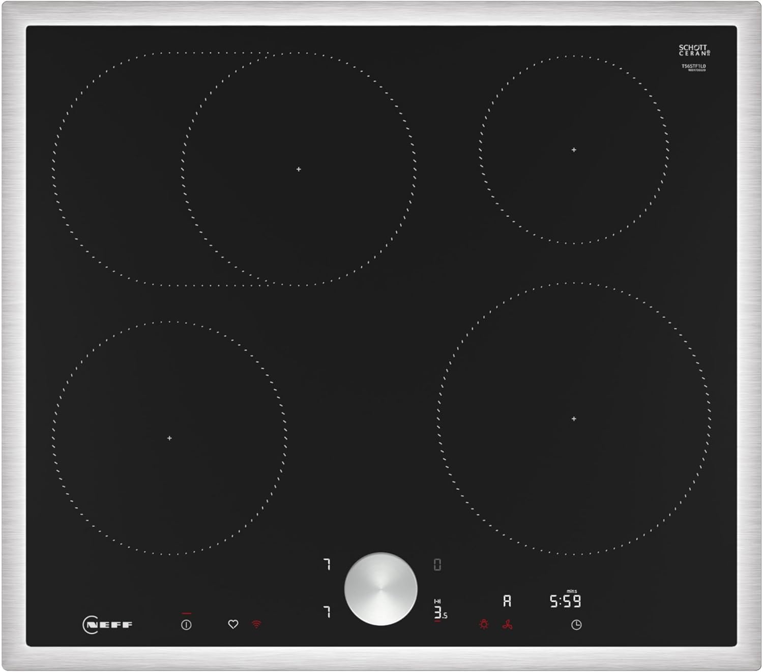 NEFF T56STF1L0 N 90 Induktionskochfeld - 60 cm mit vier Kochzonen und PowerBoost - TwistPad Home Connect und Smart Hood Automatic - Schwarz mit Edelstahlrahmen-Nestmyio