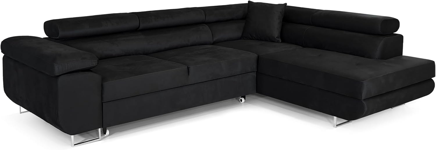 PASTI Ecksofa mit Schlaffunktion - 3 Sitzer L Form mit Bettkasten und rechter Ottomane - Verstellbare Kopfstütze 275 x 202 x 71 cm - Schwarz für Wohnzimmer-Nestmyio