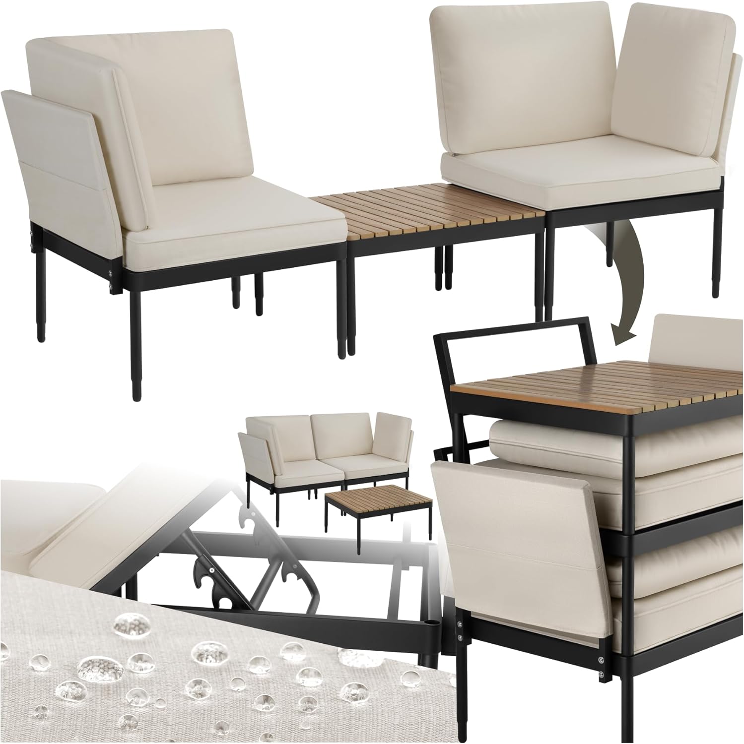 tectake 5 in 1 Gartenlounge Set - Sessel Liege und Gartenbank in einem - Balkontisch und wetterfeste Outdoor Kissen - Braun in Holzoptik für kleinen Balkon und Terrasse-Nestmyio
