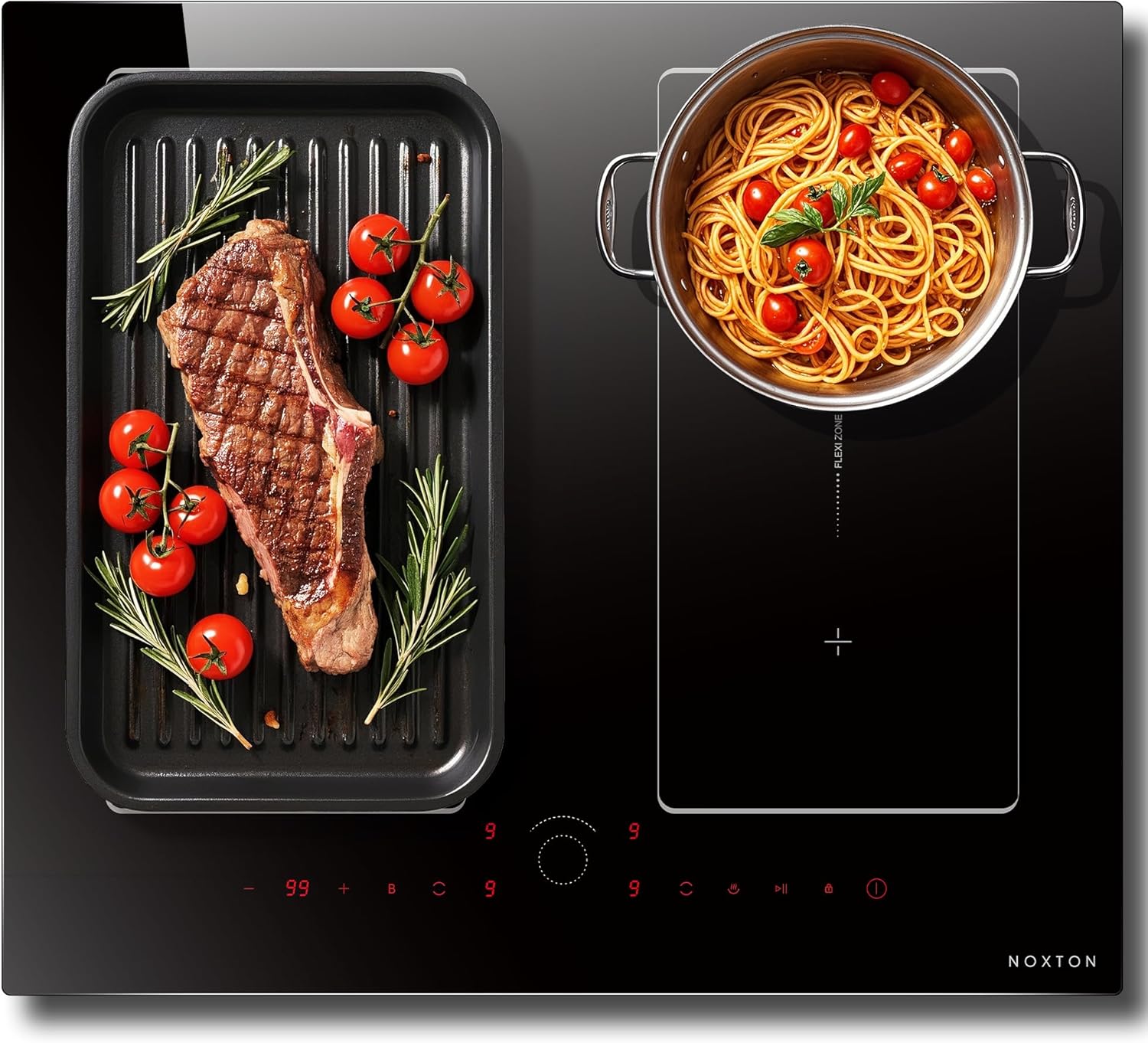 NOXTON Induktionskochfeld - 60 cm mit vier Kochzonen und zwei Flexzonen - 7200 Watt Booster Touch Steuerung und Timer - Kindersicherung Pause ohne Stecker-Nestmyio
