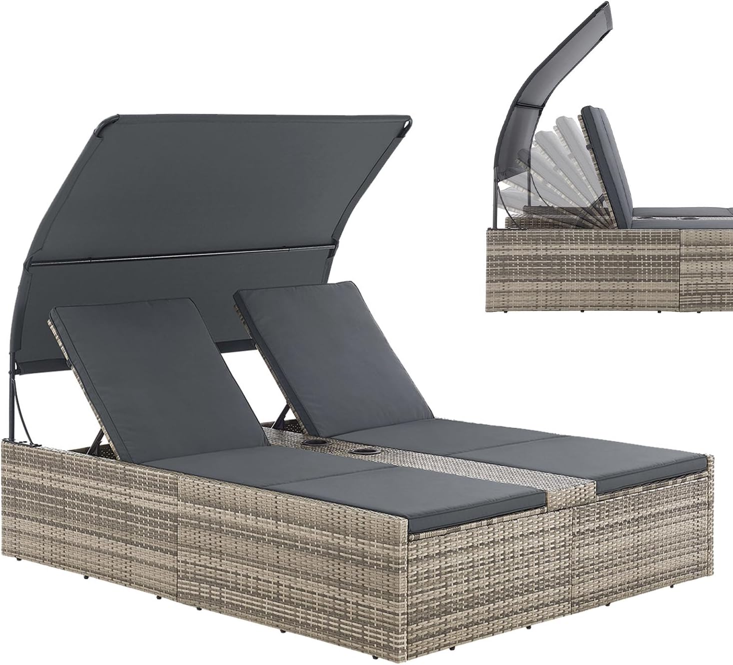 Juskys Polyrattan Doppelliege Syros - Sonnenliege für 2 Personen mit Dach und Auflagen - Verstellbares Kopfteil 200 x 160 x 156 cm - Grau meliert für Garten Terrasse-Nestmyio