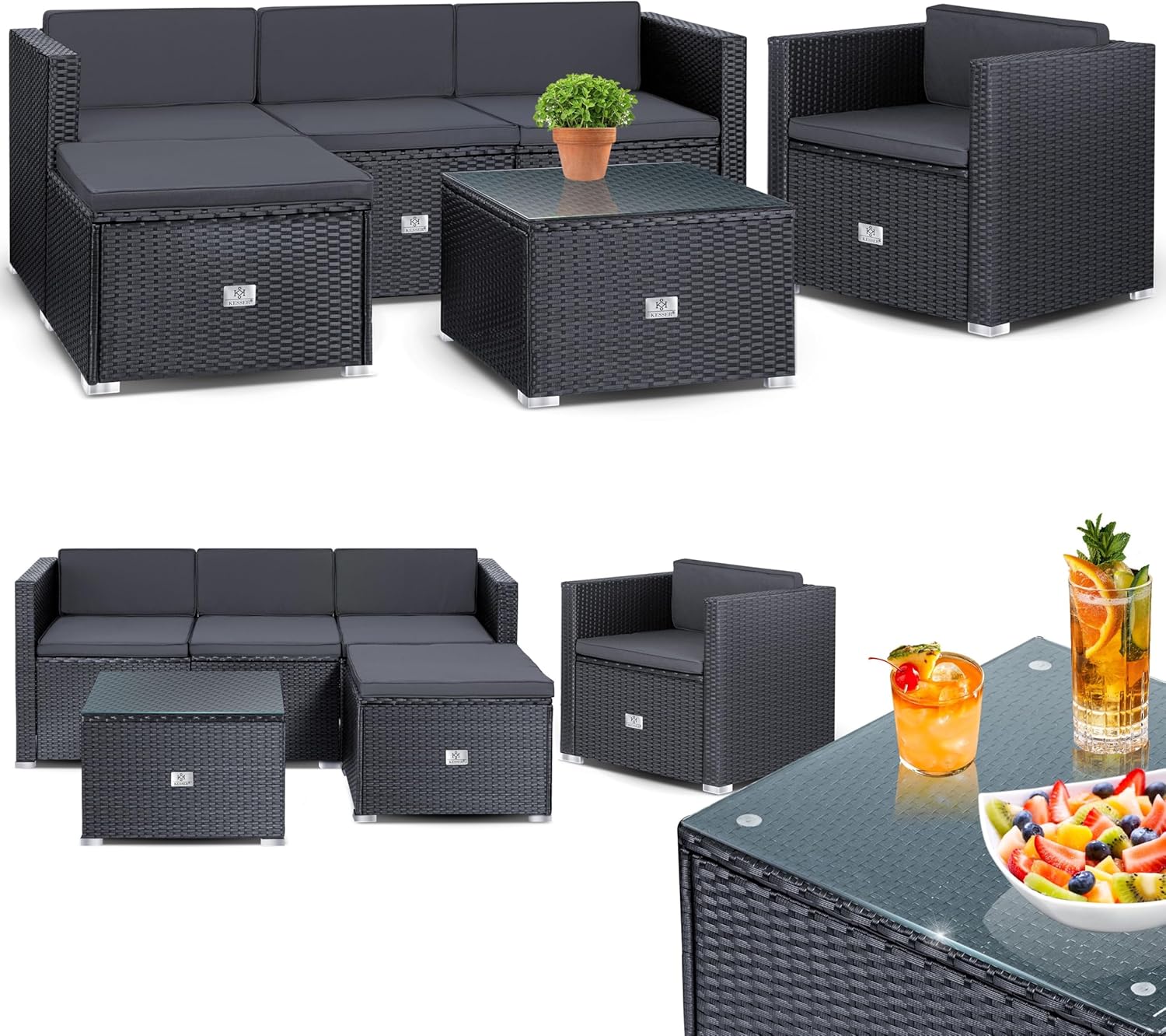 KESSER Polyrattan Gartenlounge Aruba - Sitzgruppe für 4 bis 5 Personen - Gartensofa Sessel Hocker und Beistelltisch - Anthrazit für Garten Terrasse und Balkon-Nestmyio
