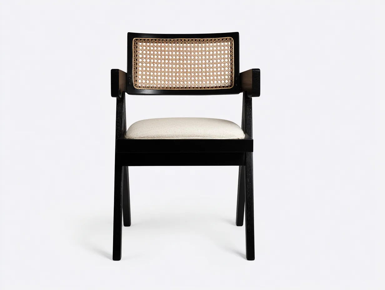 Esszimmerstuhl mit Armlehnen - hellem Sitzpolster und Geflechtrücken 56 x 54 x 81 cm - Schwarz und Beige - moderner Dining Chair für Restaurantstil zuhause-Nestmyio