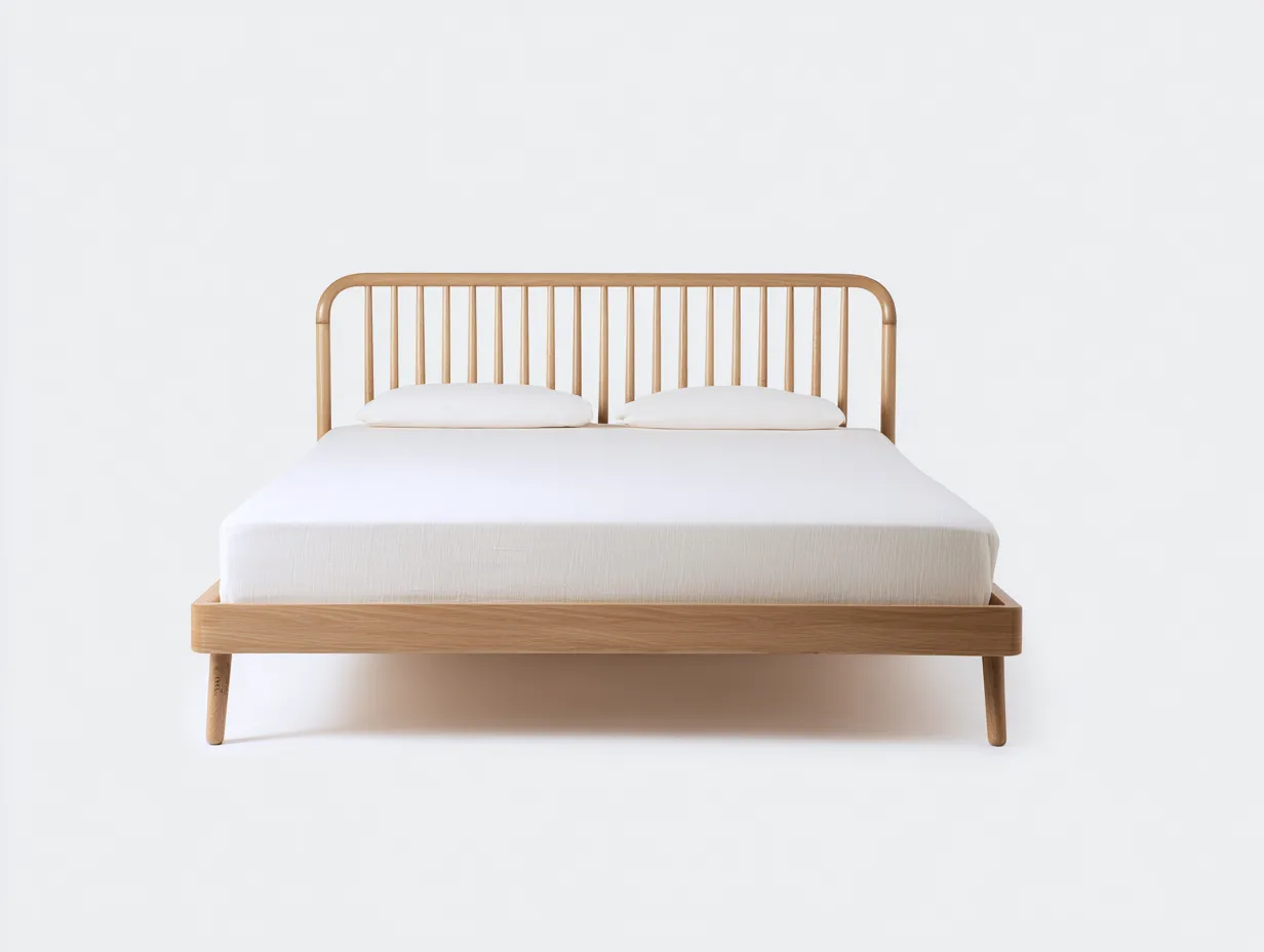 Doppelbett Holz 208x166x96 cm - Helle Eiche - Schlafzimmerbett mit Spindelkopfteil und niedrigem Rahmen-Nestmyio