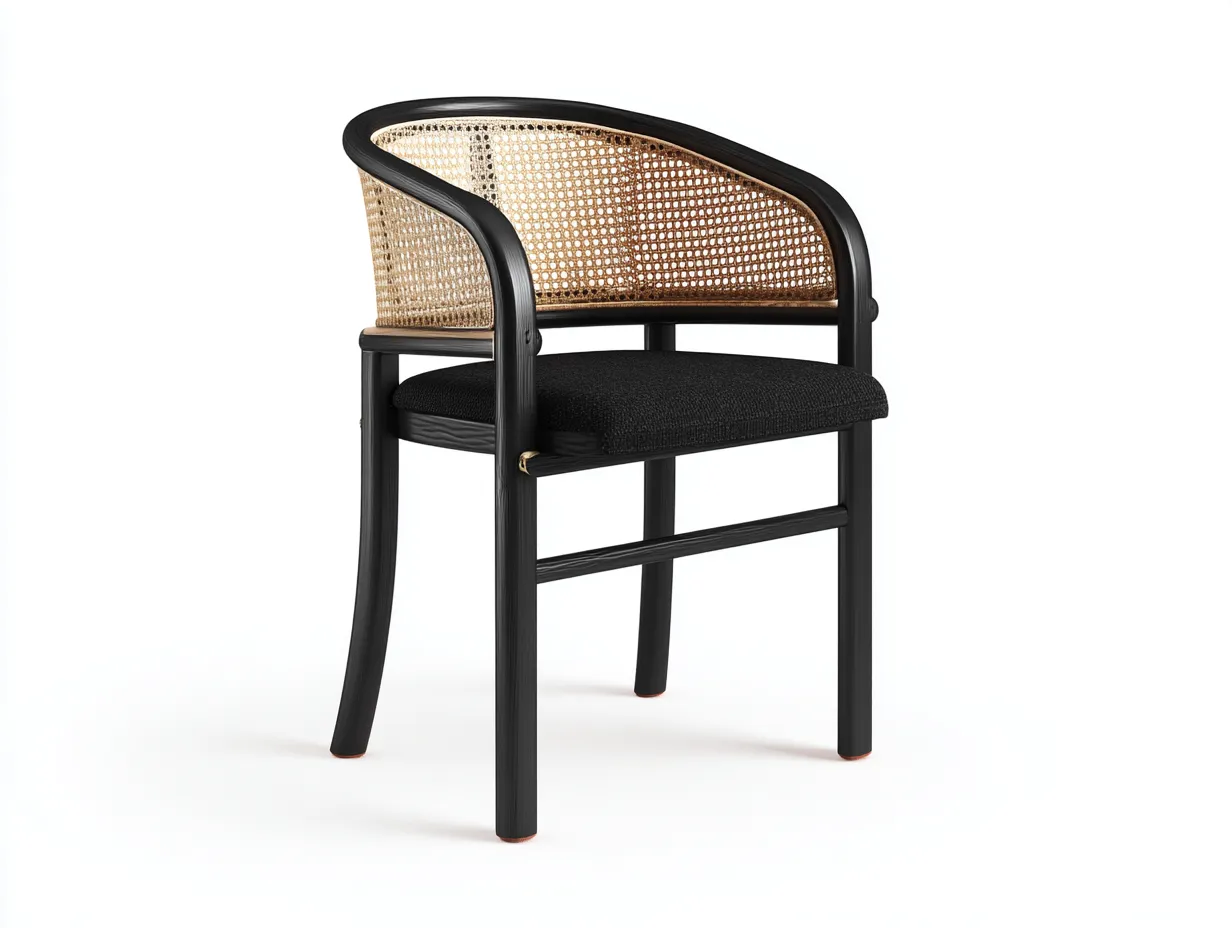 Esszimmerstuhl mit gebogener Rückenlehne und Wiener Geflecht 57 x 55 x 79 cm - Schwarz und Natur - gepolsterter Dining Chair mit umlaufender Armform-Nestmyio