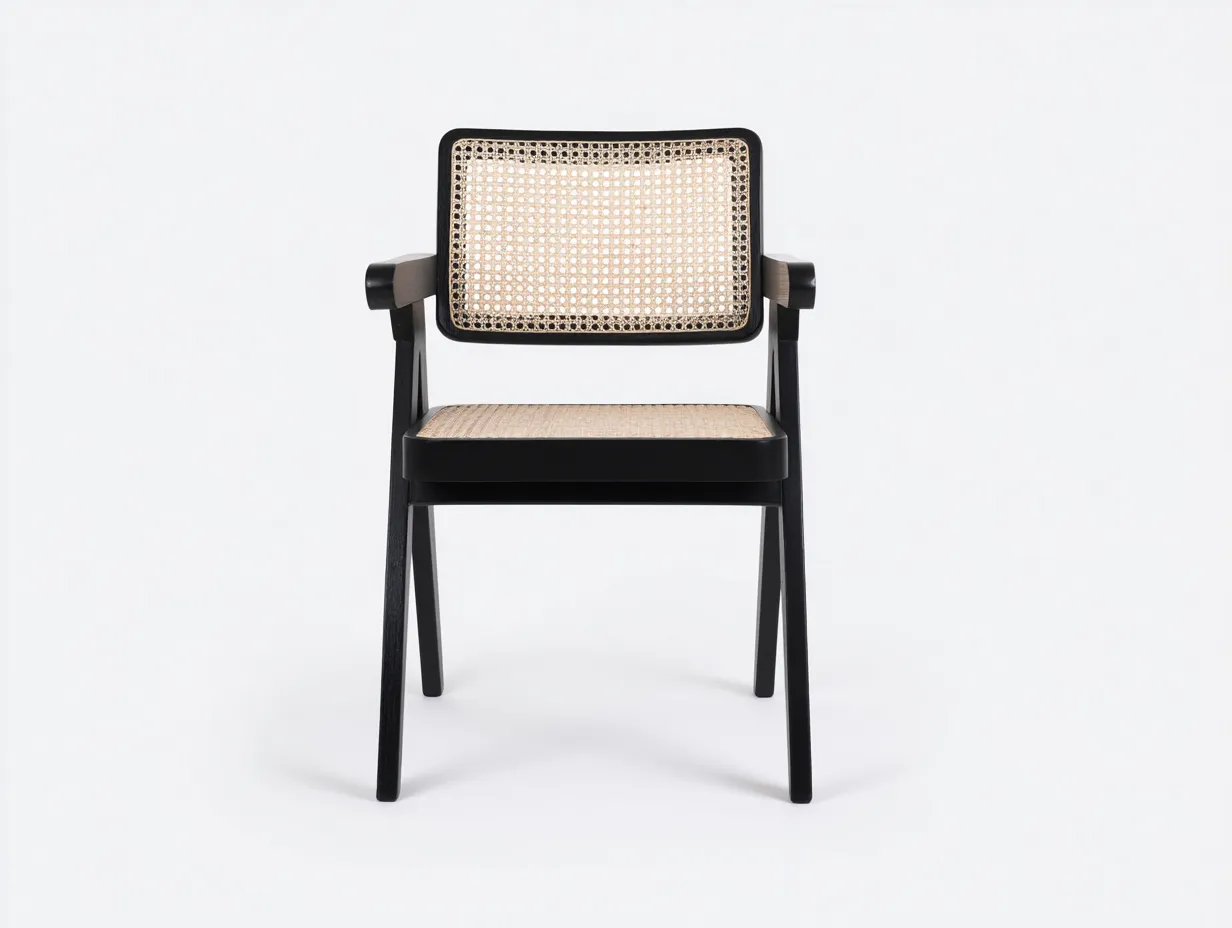 Esszimmerstuhl mit Armlehnen - Wiener Geflecht und naturfarbener Sitzfläche 56 x 55 x 81 cm - Schwarz und Natur - Dining Chair für stilvolle Essbereiche-Nestmyio