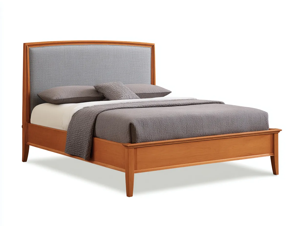 Doppelbett Holz Stoff 214x172x110 cm - Kirschholzbraun und Grau - Schlafzimmerbett mit hohem Stoffkopfteil-Nestmyio