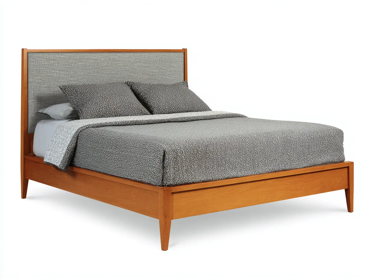 Doppelbett Holz Stoff 213x171x108 cm - braun und grau - Schlafzimmerbett mit gerahmtem Kopfteil-Nestmyio