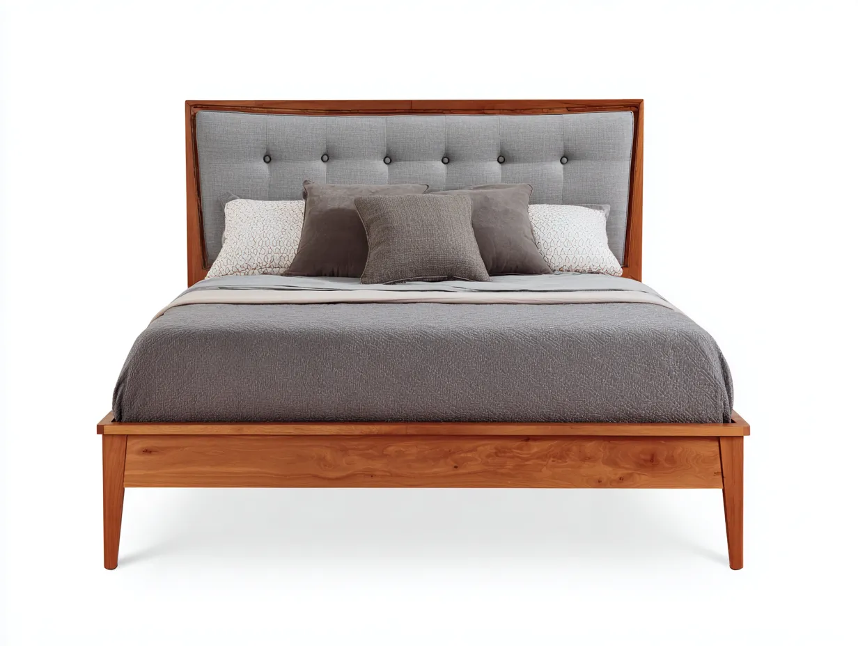 Doppelbett Holz Stoff 214x172x112 cm - Kirschbraun und Grau - Schlafzimmerbett mit gepolstertem Knopfkopfteil-Nestmyio