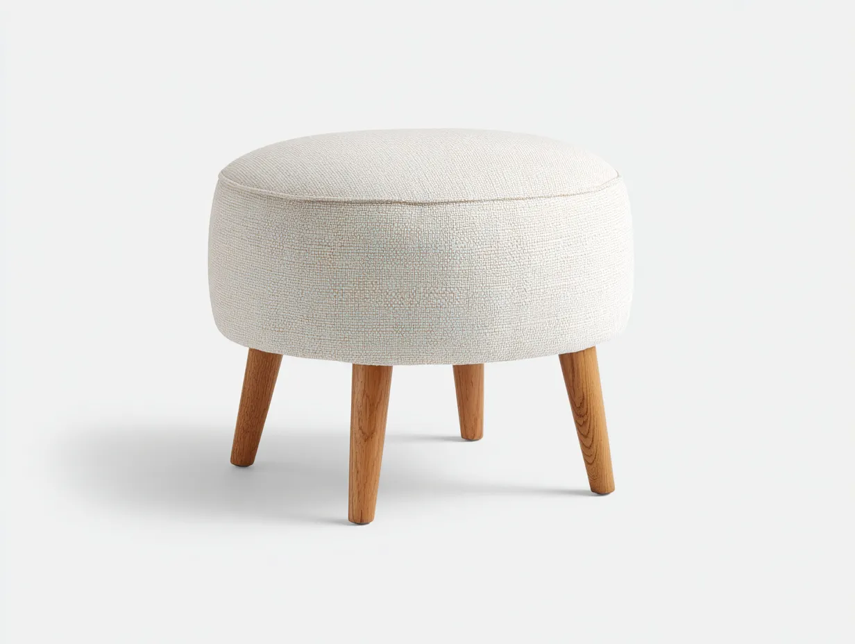 Fußhocker 50x50x43 cm - Elfenbein - runder Polsterhocker mit vier dunklen Holzbeinen für Wohnzimmer-Roomgopad