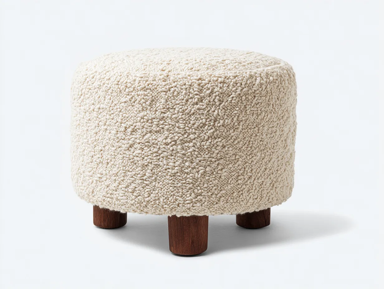 Fußhocker 44x44x40 cm - Bouclé in Cremeweiß - runder Polsterhocker mit dunklen Holzfüßen für Wohnzimmer-Roomgopad