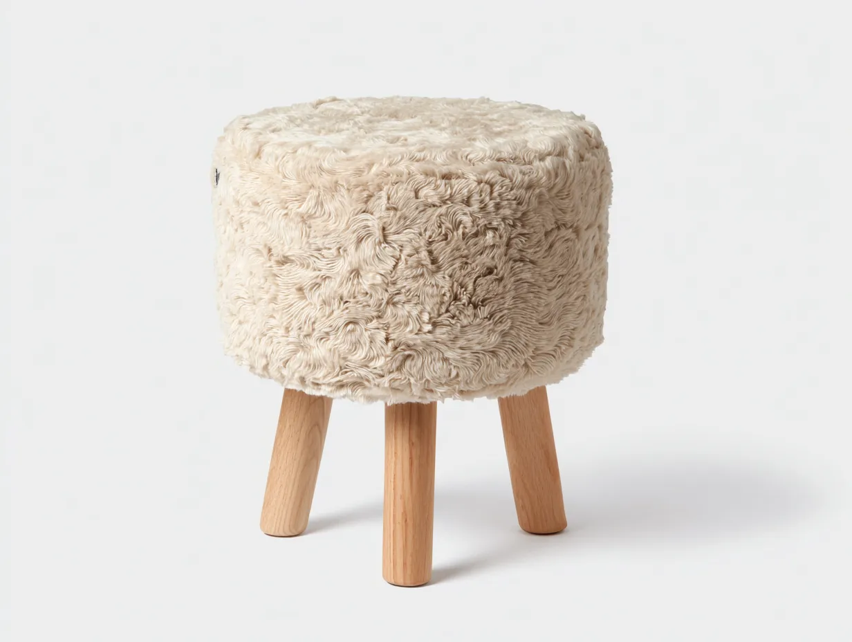 Fußhocker 43x43x41 cm - Cremeweiß - runder Felloptik Hocker mit hellen Holzbeinen für Wohnzimmer-Roomgopad