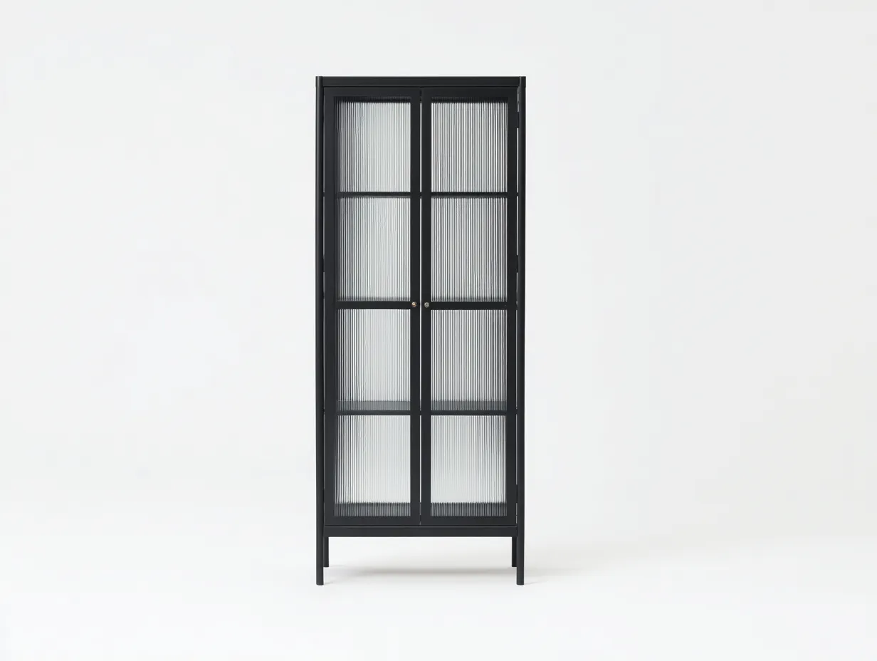 Vitrine 76x35x174 cm - Metall und Glas - schwarz - schmale Standvitrine mit geriffeltem Glas für das Wohnzimmer-Roomgopad