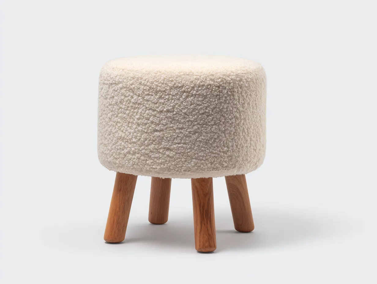 Fußhocker 47x47x40 cm - Elfenbein - runder Bouclé Hocker mit massiven Holzbeinen fürs Wohnzimmer-Roomgopad