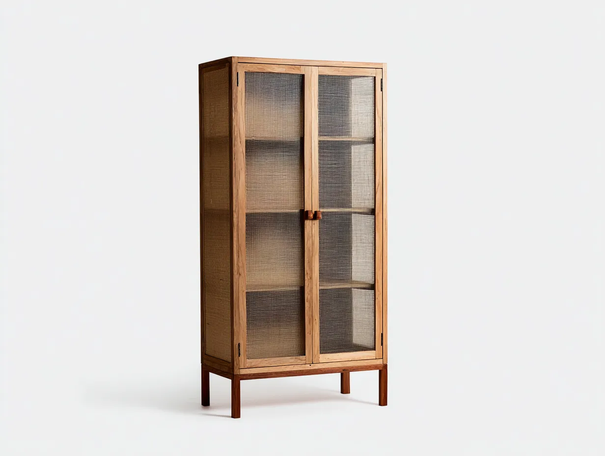 Vitrine 84x40x172 cm - Holz und Glas - naturbraun - Wohnzimmervitrine mit feinem Geflecht und Doppeltüren-Roomgopad