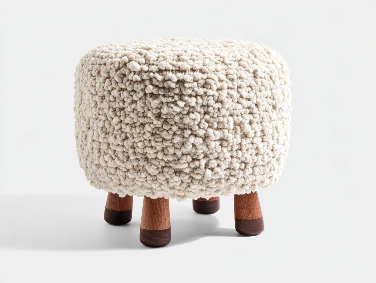 Fußhocker Rund 62x62x42 cm - Wollweiß und Naturholz - flauschiger Hocker mit Holzbeinen für Wohnzimmer-Roomgopad