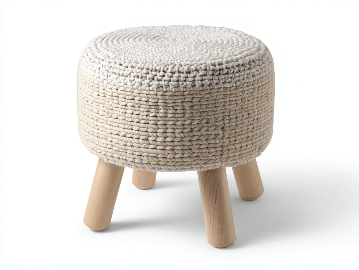 Fußhocker Rund 58x58x40 cm - Creme und Naturholz - Strickhocker mit Holzbeinen für Wohnzimmer-Roomgopad