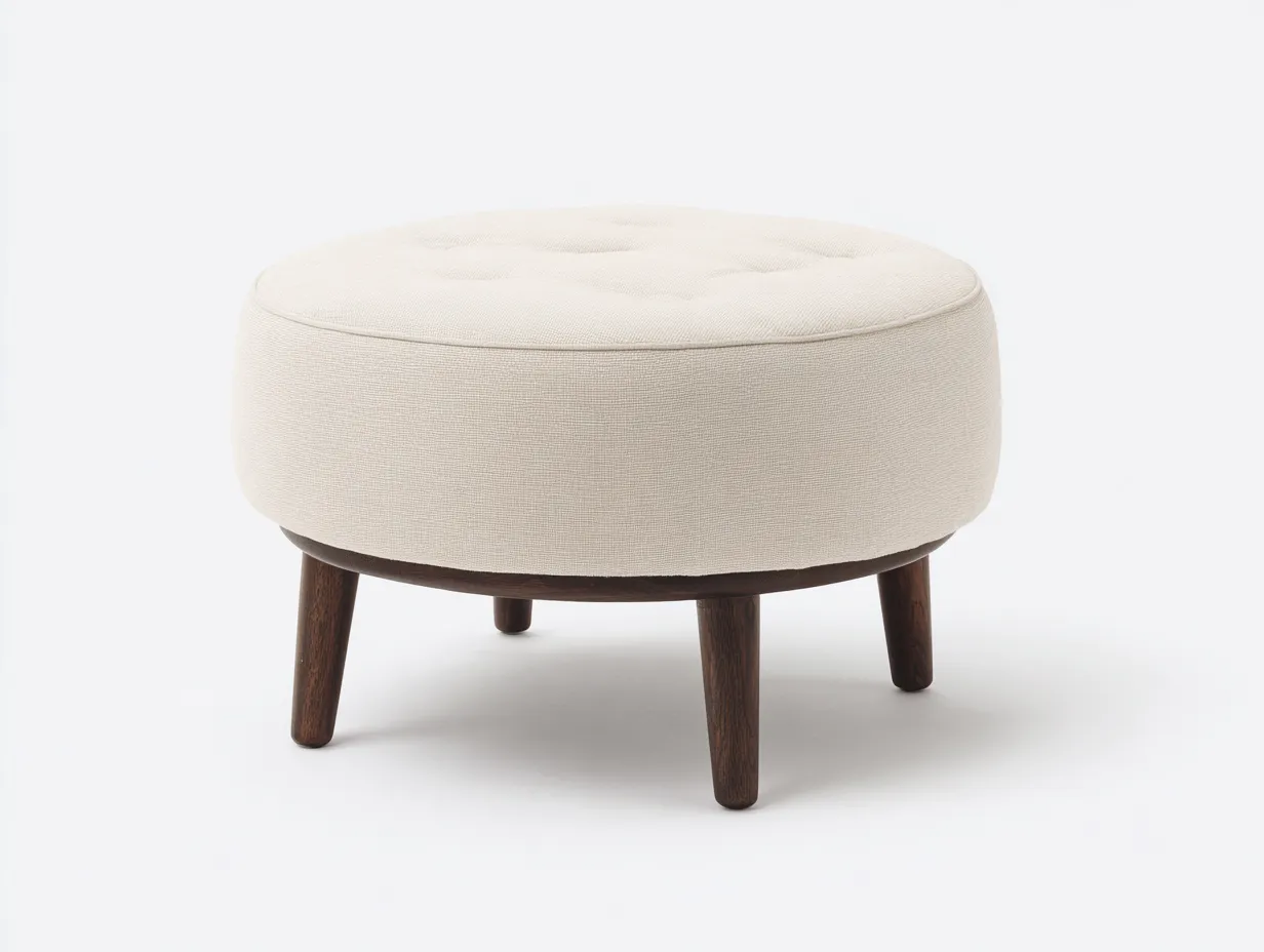Fußhocker 54x54x43 cm - Hellbeige - runder Wohnzimmerhocker mit vier dunklen Holzbeinen-Roomgopad