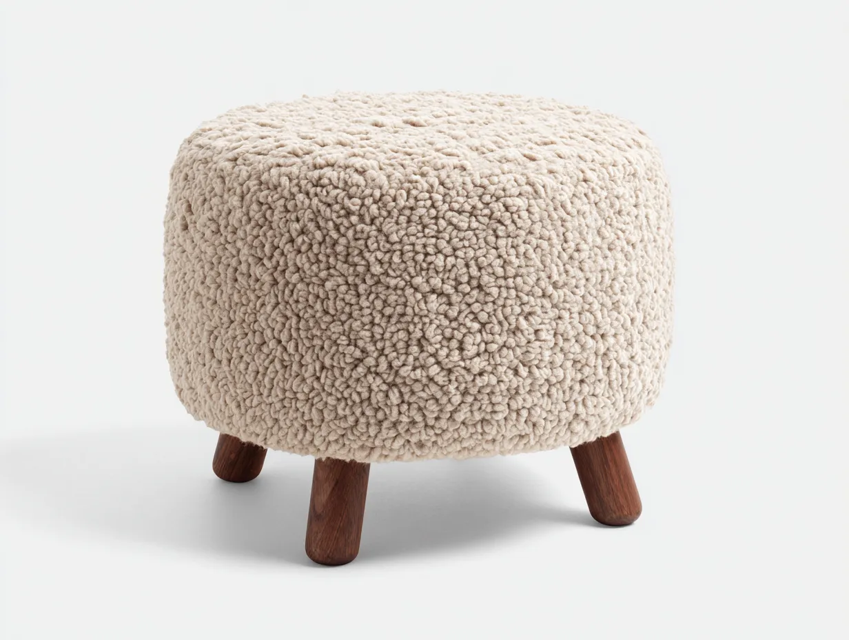 Fußhocker 48x48x42 cm - Teddybezug in Sandbeige - runder Wohnhocker mit schrägen Holzbeinen-Roomgopad