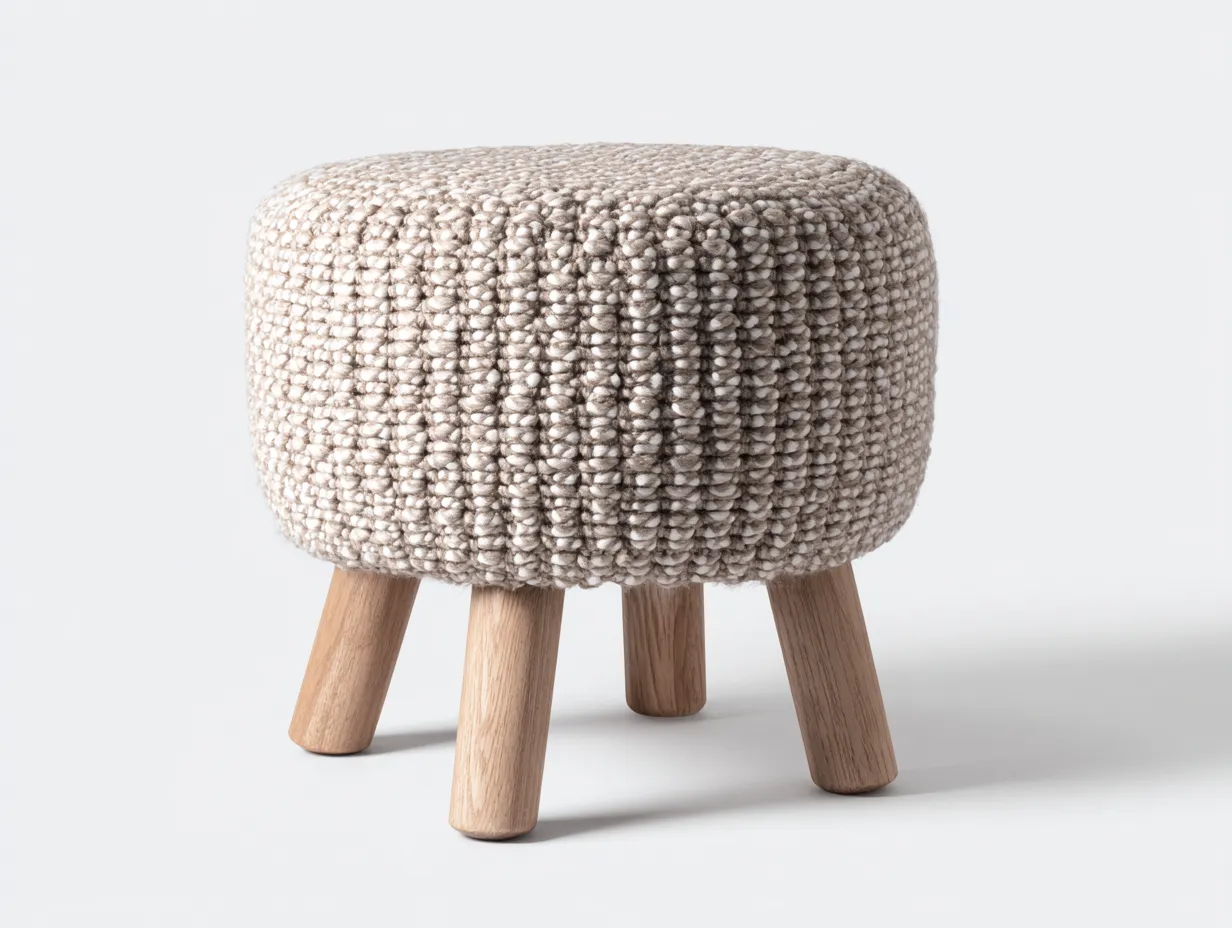 Fußhocker Rund 59x59x39 cm - Grau und Naturholz - grob gewebter Polsterhocker mit Holzfüßen-Roomgopad
