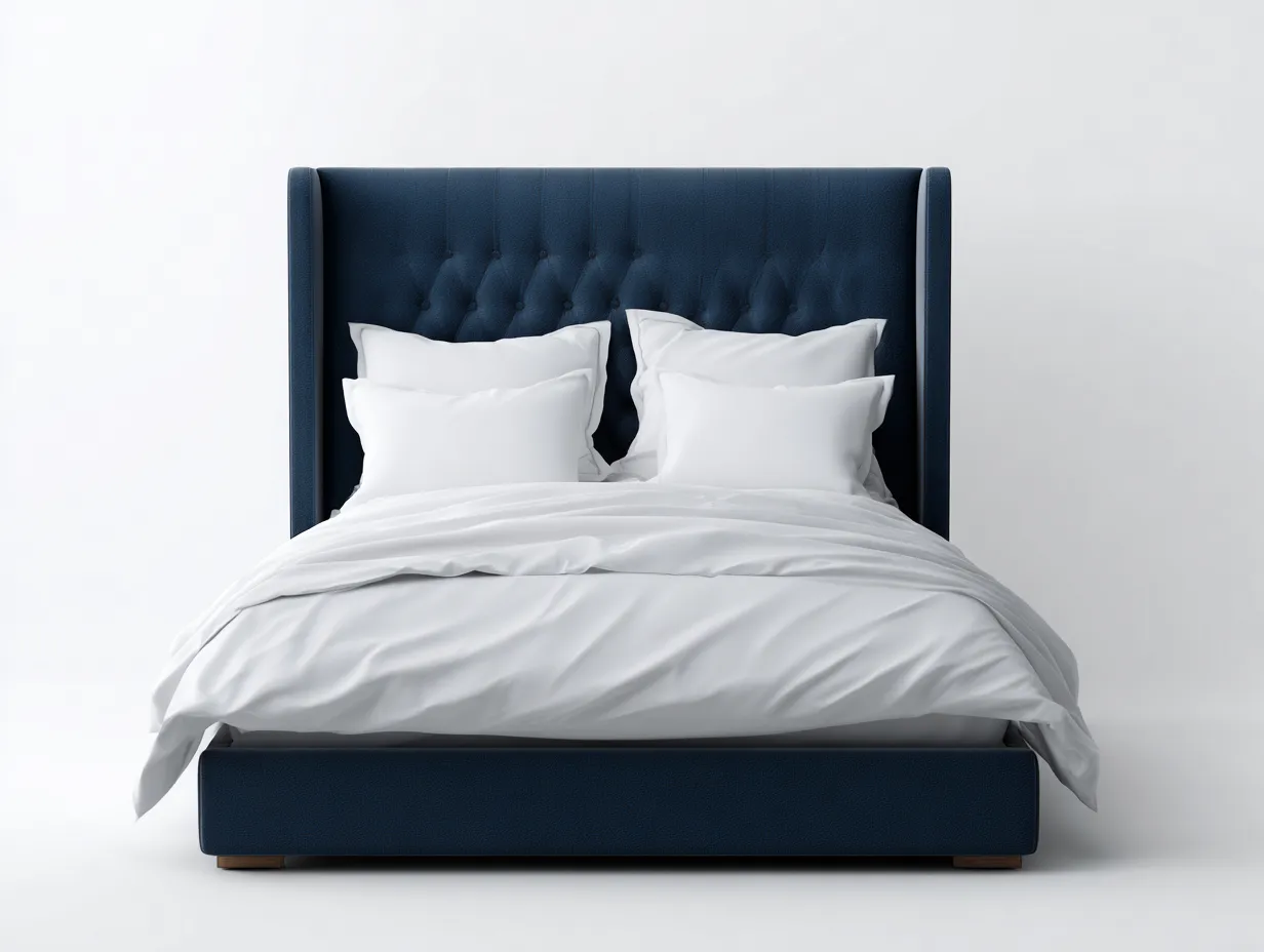 Doppelbett mit Stoffbezug 210x190x135 cm - Dunkelblau - für das Schlafzimmer - gepolstertes Kopfteil mit Flügelrahmen und Knopfheftung-Roomgopad