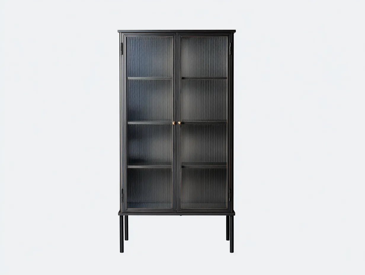 Vitrine 82x37x170 cm - Metall und Glas - schwarz - Wohnzimmer-Schrank mit geriffelter Glasfront und hohen Beinen-Roomgopad