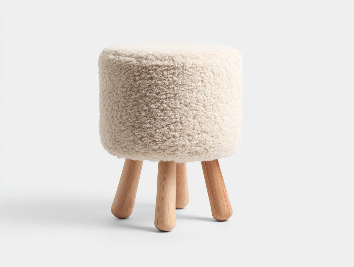 Fußhocker 45x45x42 cm - Wollweiß - runder Teddy Hocker mit schrägen Naturholzbeinen-Roomgopad
