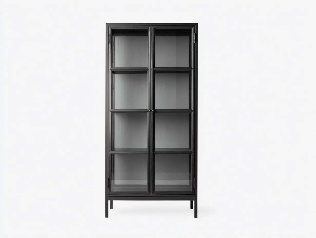 Vitrine 86x36x178 cm - Metall und Glas - mattschwarz - schlanke Wohnzimmer-Vitrine mit großen Glasfeldern-Roomgopad