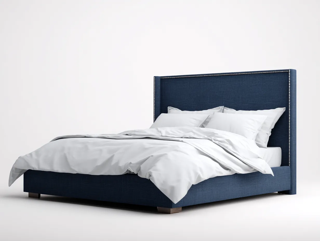 Doppelbett mit Stoffbezug 212x192x128 cm - Dunkelblau - für das Schlafzimmer - hohes Kopfteil mit Ziernägeln und gerader Linienführung-Roomgopad