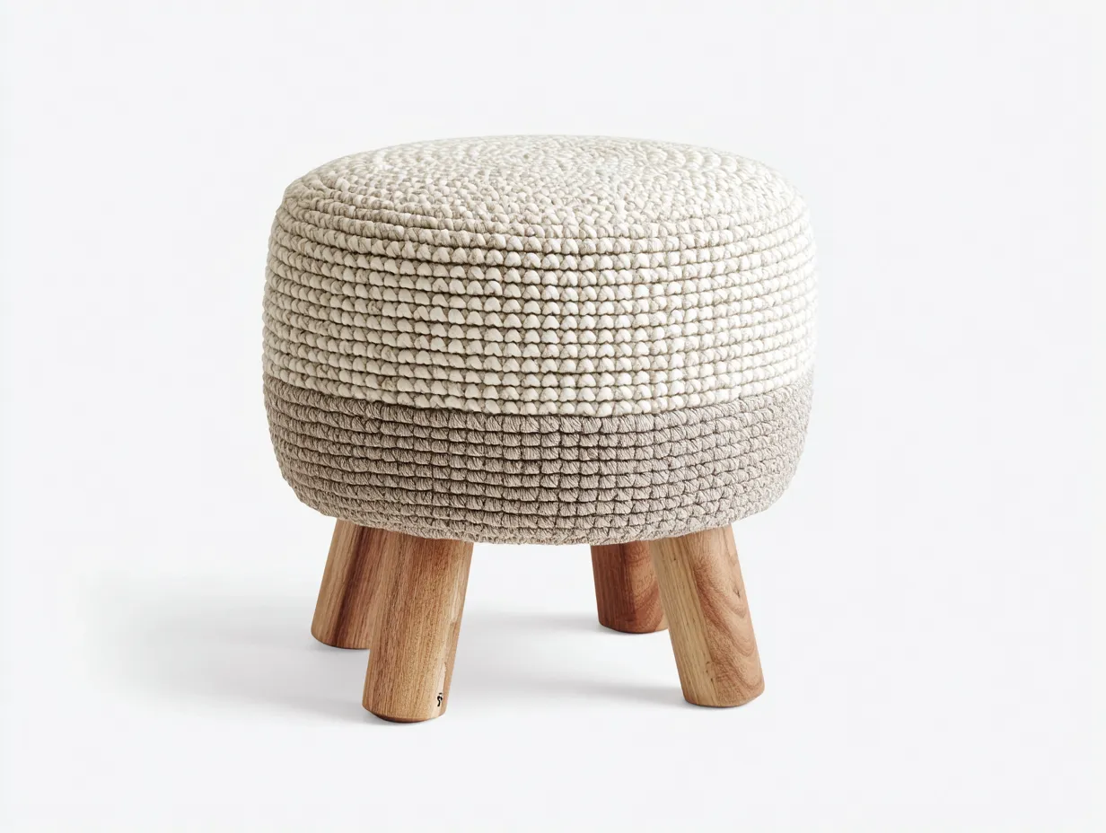 Fußhocker Rund 60x60x41 cm - Creme und Grau - zweifarbiger Strickhocker mit massiven Holzbeinen-Roomgopad
