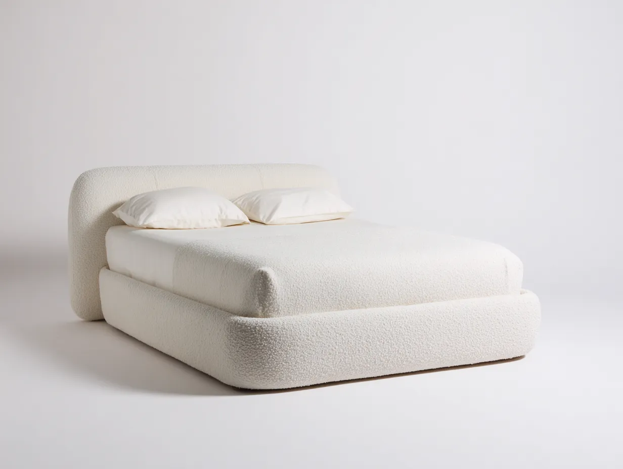 Doppelbett mit Bouclé-Bezug 214x198x112 cm - Cremeweiß - für das Schlafzimmer - gepolstertes Bett mit gerundetem Kopfteil und weichen Seiten-Roomgopad