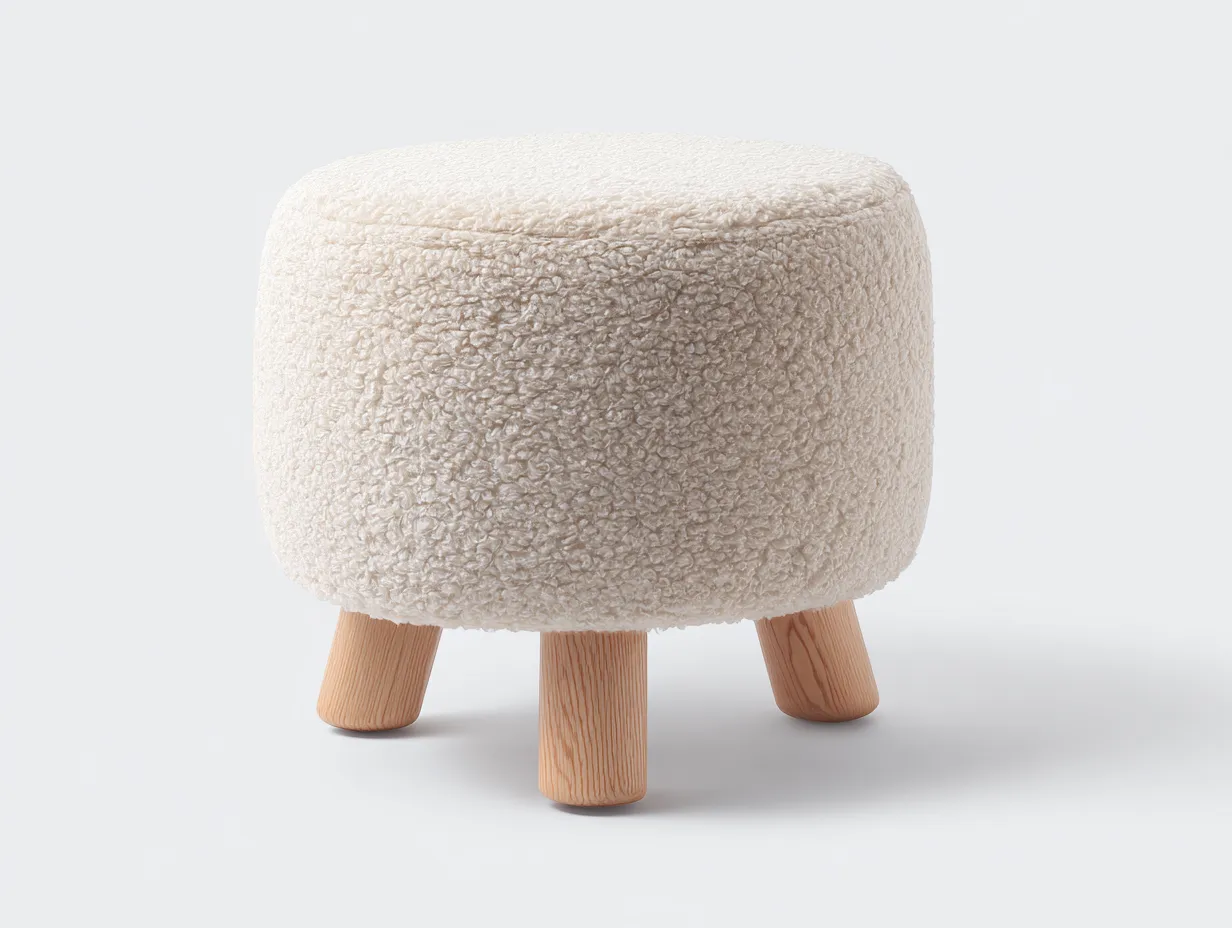 Fußhocker 50x50x41 cm - Naturcreme - runder Plüsch Hocker mit hellen Holzfüßen-Roomgopad