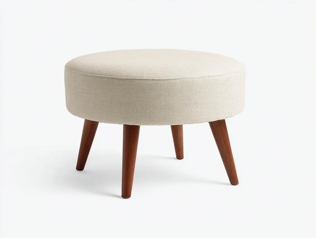 Fußhocker 58x58x41 cm - Naturweiß - runder Sitzhocker mit getufteter Oberseite und dunklem Holzgestell-Roomgopad