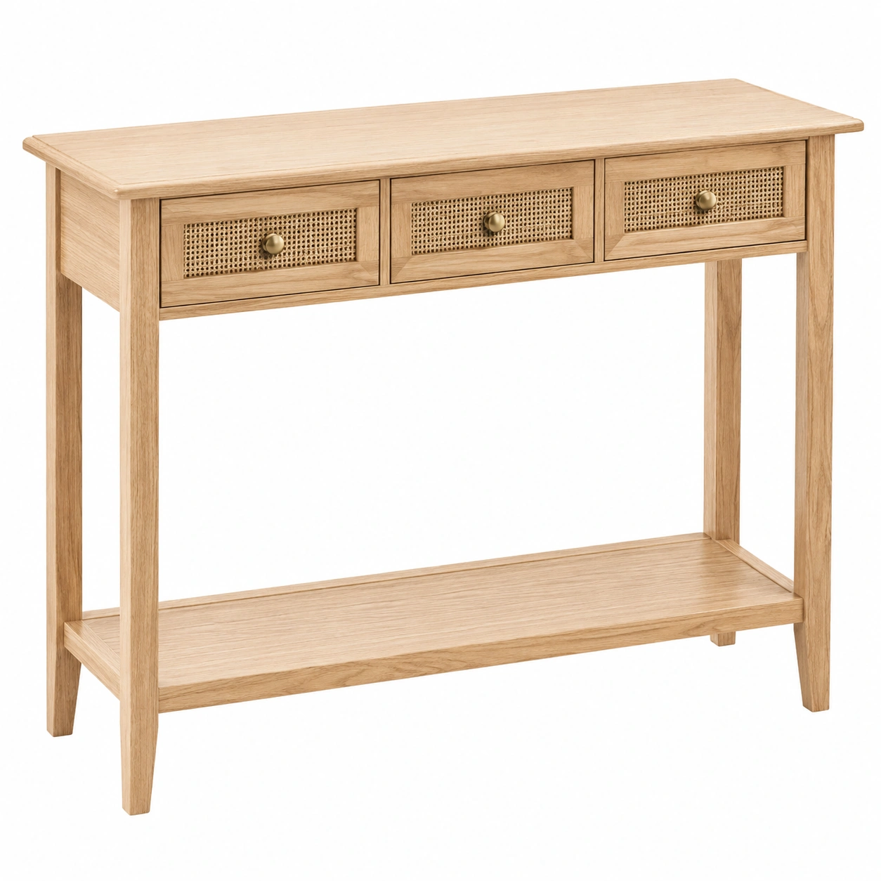 Consola moderna color madera natural con tres cajones de ratan y estante inferior-oaktrona