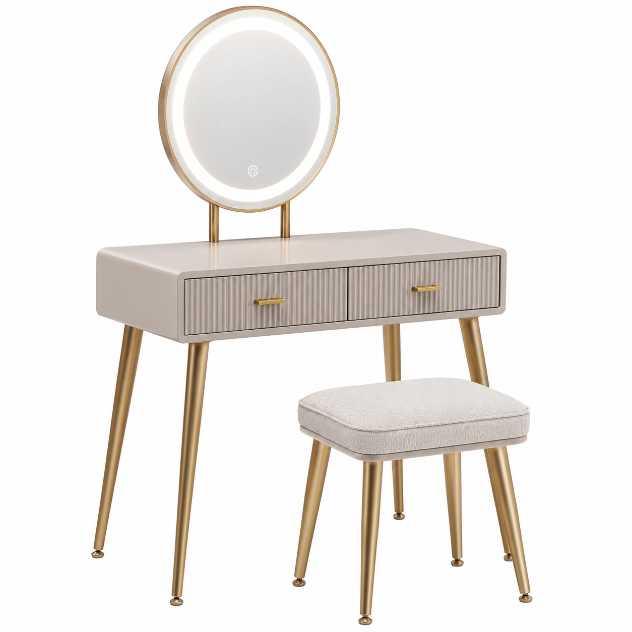 Tocador moderno compacto color beige claro con espejo LED redondo y taburete tapizado para dormitorio elegante-oaktrona