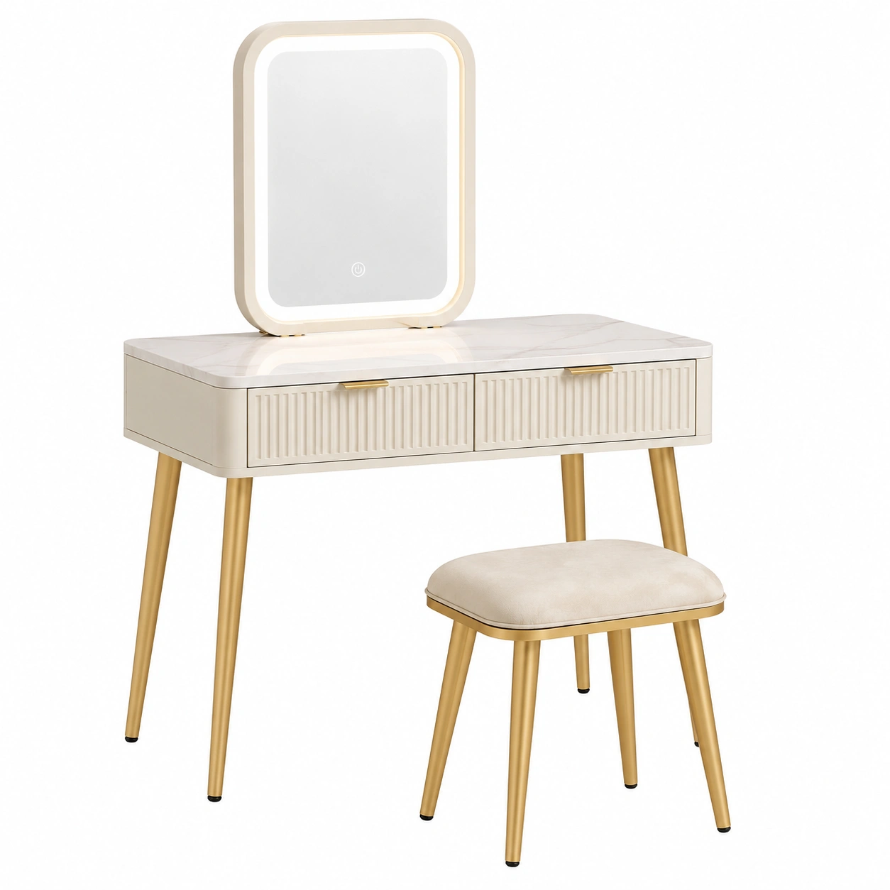 Tocador moderno rectangular beige y dorado con espejo LED y cajones acanalados-oaktrona