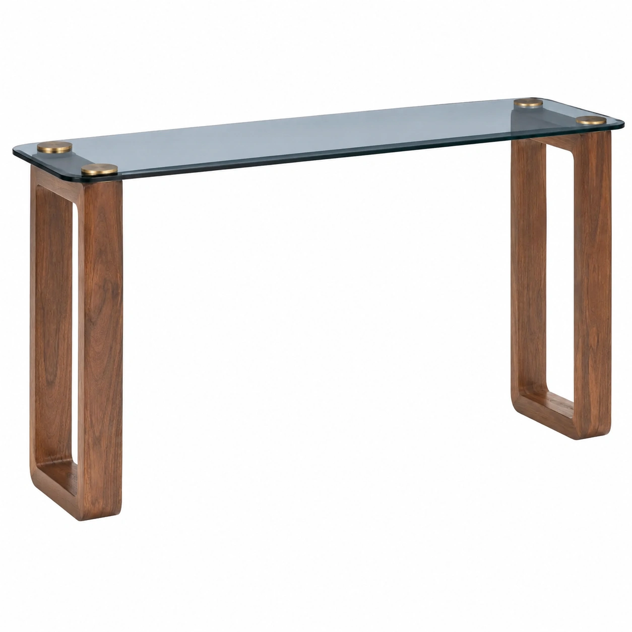 Consola moderna minimalista nogal con tablero de vidrio ahumado y detalles dorados-oaktrona
