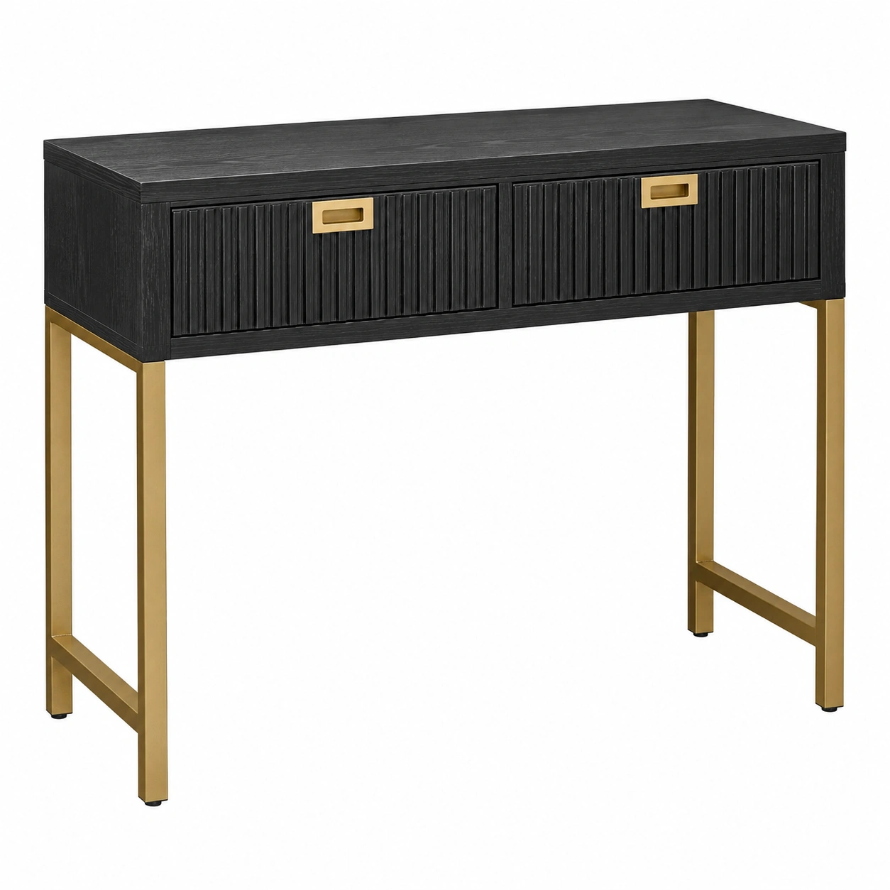 Moderno escritorio tocador negro con cajones acanalados y patas doradas-oaktrona