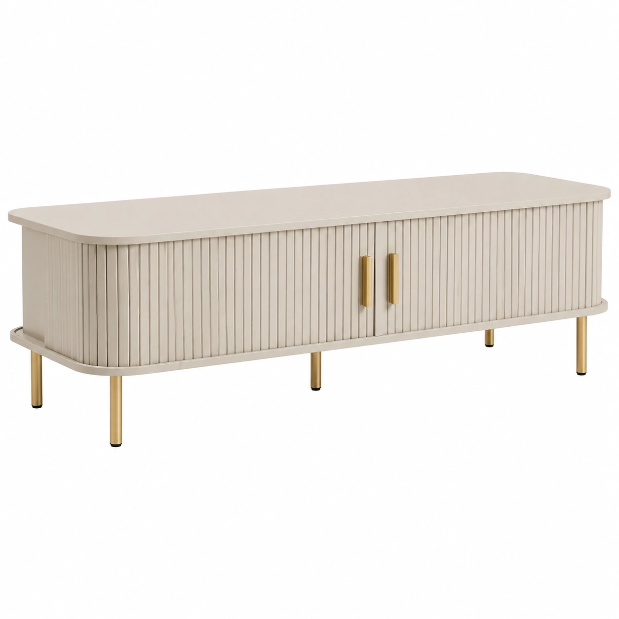 Mueble TV moderno rectangular con puertas acanaladas y patas metalicas doradas para salon minimalista beige-oaktrona