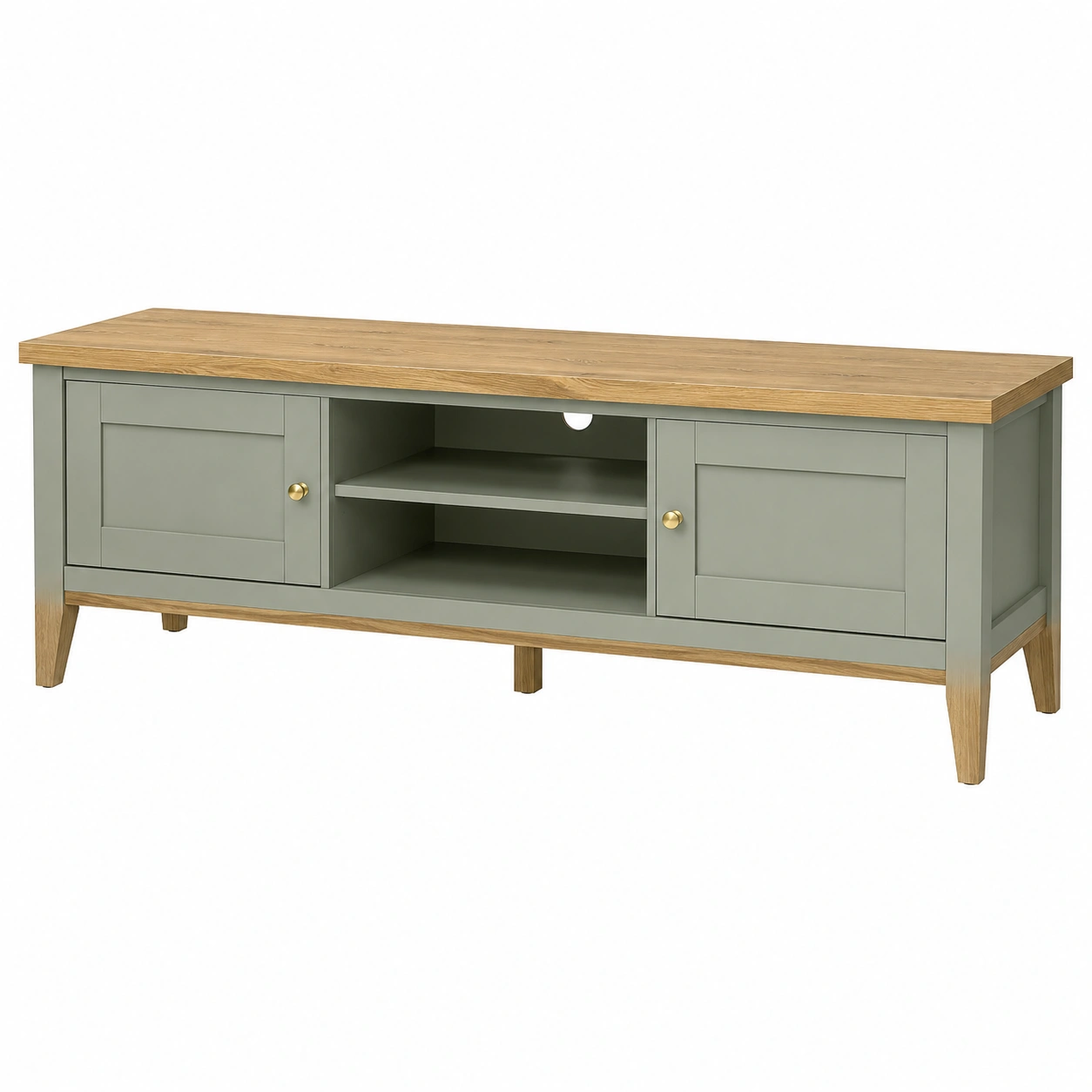 Mueble bajo para television verde salvia con tablero efecto madera y compartimentos de almacenamiento laterales-oaktrona
