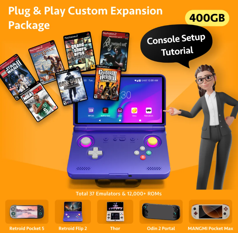 Plug & Play Custom Expansion Package (Pre-ConfiguredSystem) For Retroid Pocket Flip 2 & RP5 & MANGMI PocketMax & AYN Thor & AYN Odin 2 Portal (No Console)