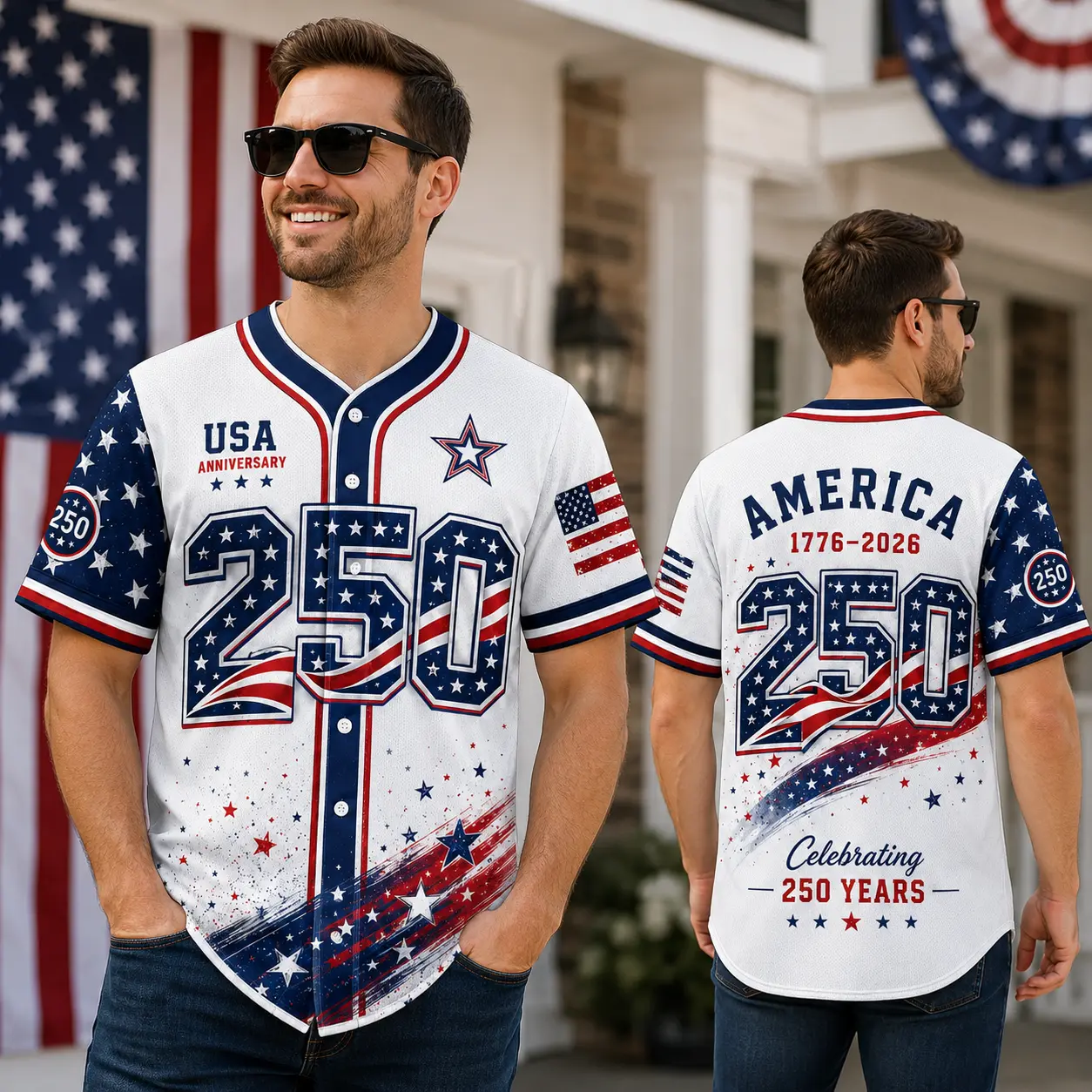 Men's USA 250th Anniversary Baseball Jersey - 1776-2026 Patriotic Button-Down Shirt