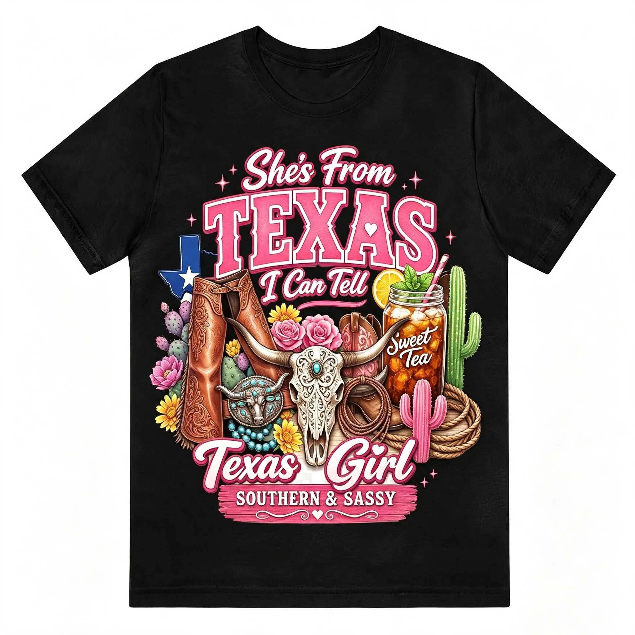 Retro Texas Western Girl Bull Skull Cactus Cowboy Boots Tee