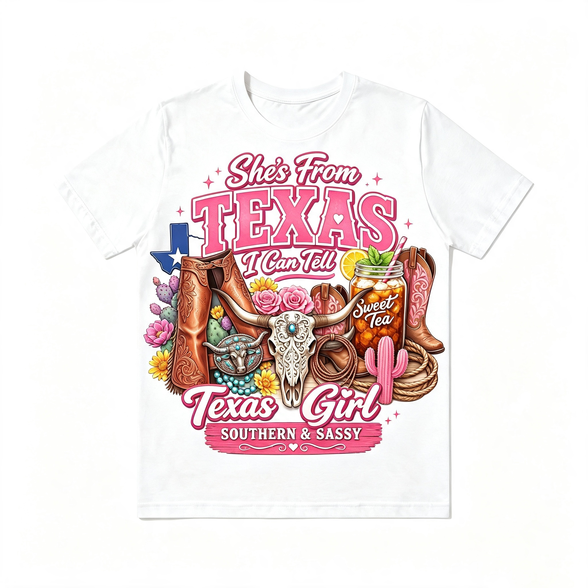 Retro Texas Western Girl Bull Skull Cactus Cowboy Boots Tee