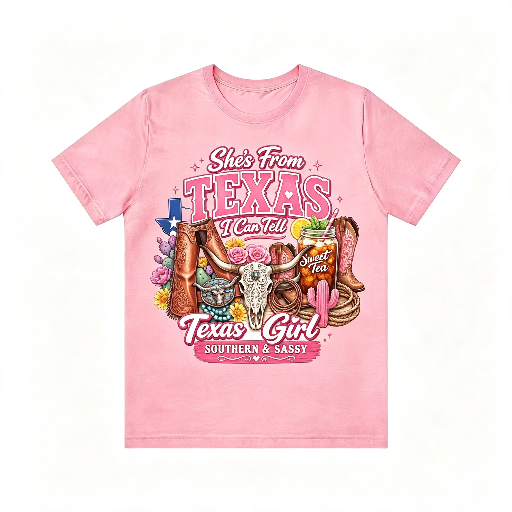 Retro Texas Western Girl Bull Skull Cactus Cowboy Boots Tee