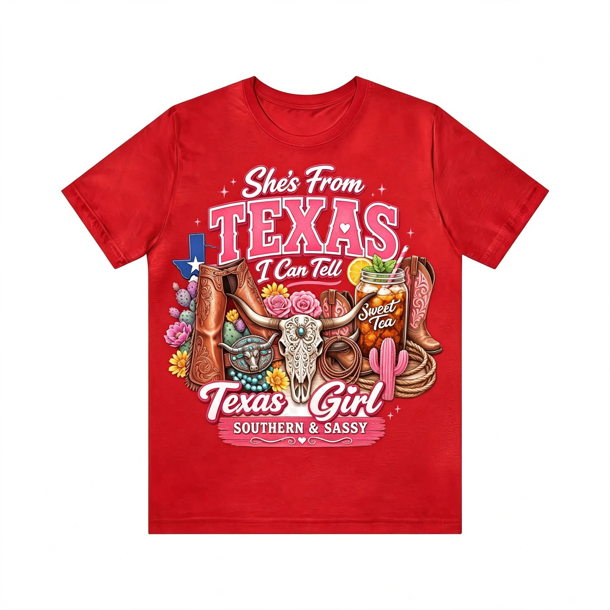Retro Texas Western Girl Bull Skull Cactus Cowboy Boots Tee