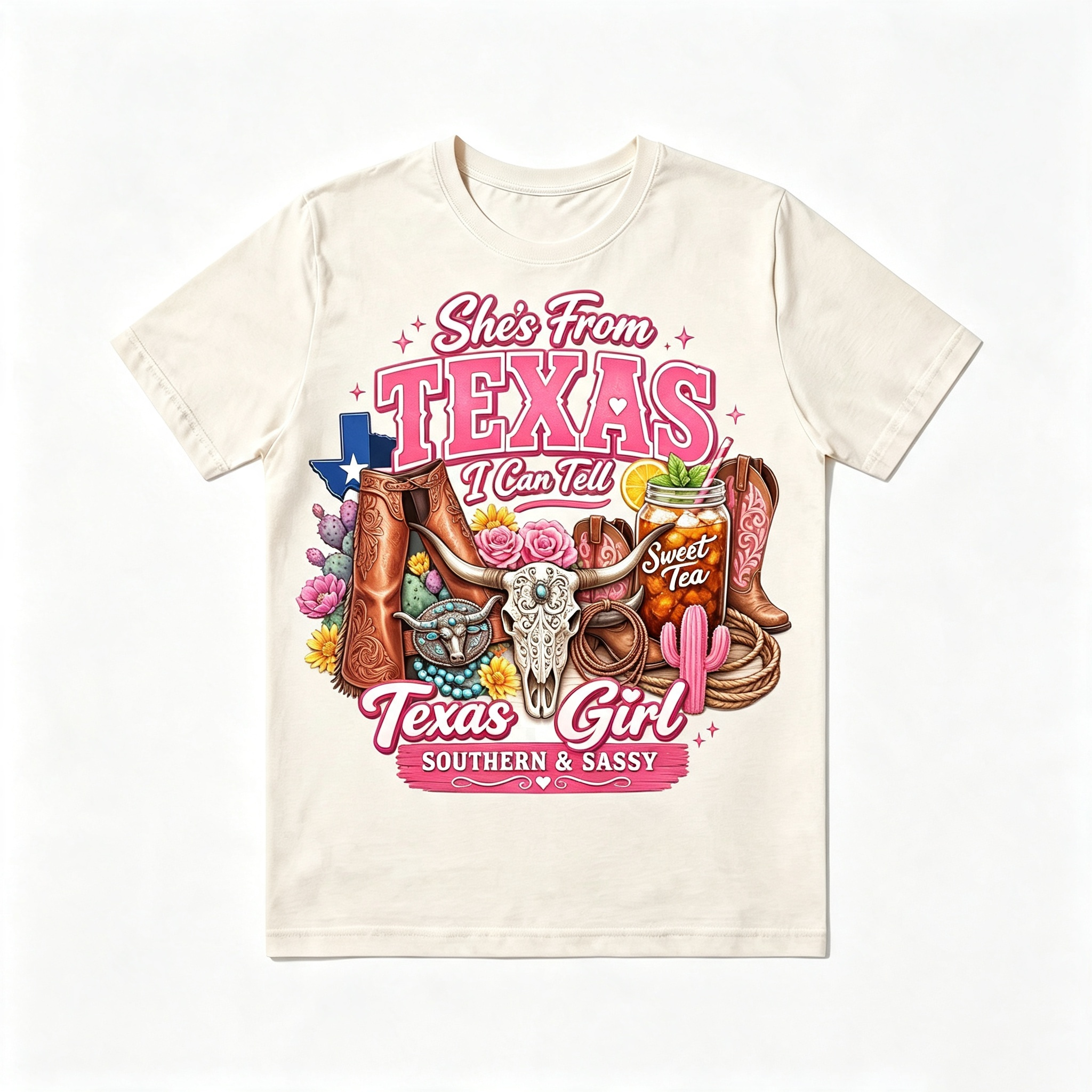 Retro Texas Western Girl Bull Skull Cactus Cowboy Boots Tee