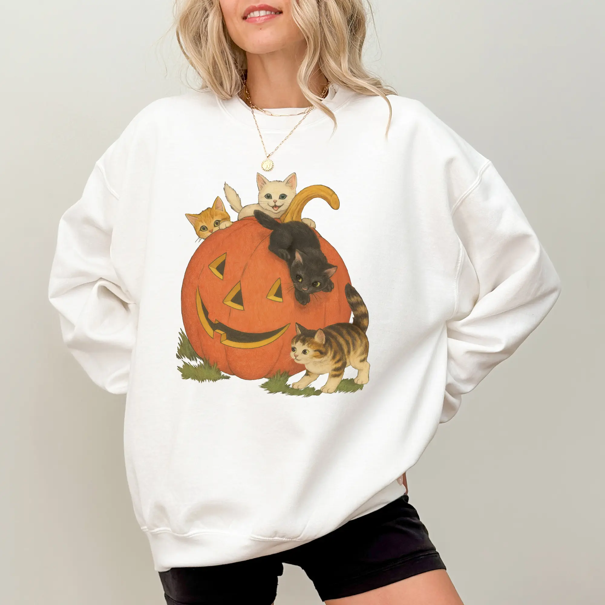 Vintage 90s Halloween Cat Crewneck Sweatshirt