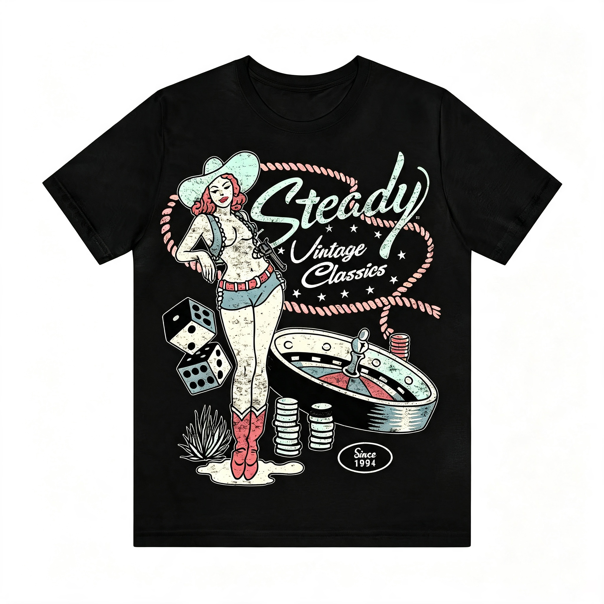 Retro Western Pin‑Up Cowgirl Gambling Dice Roulette Tee