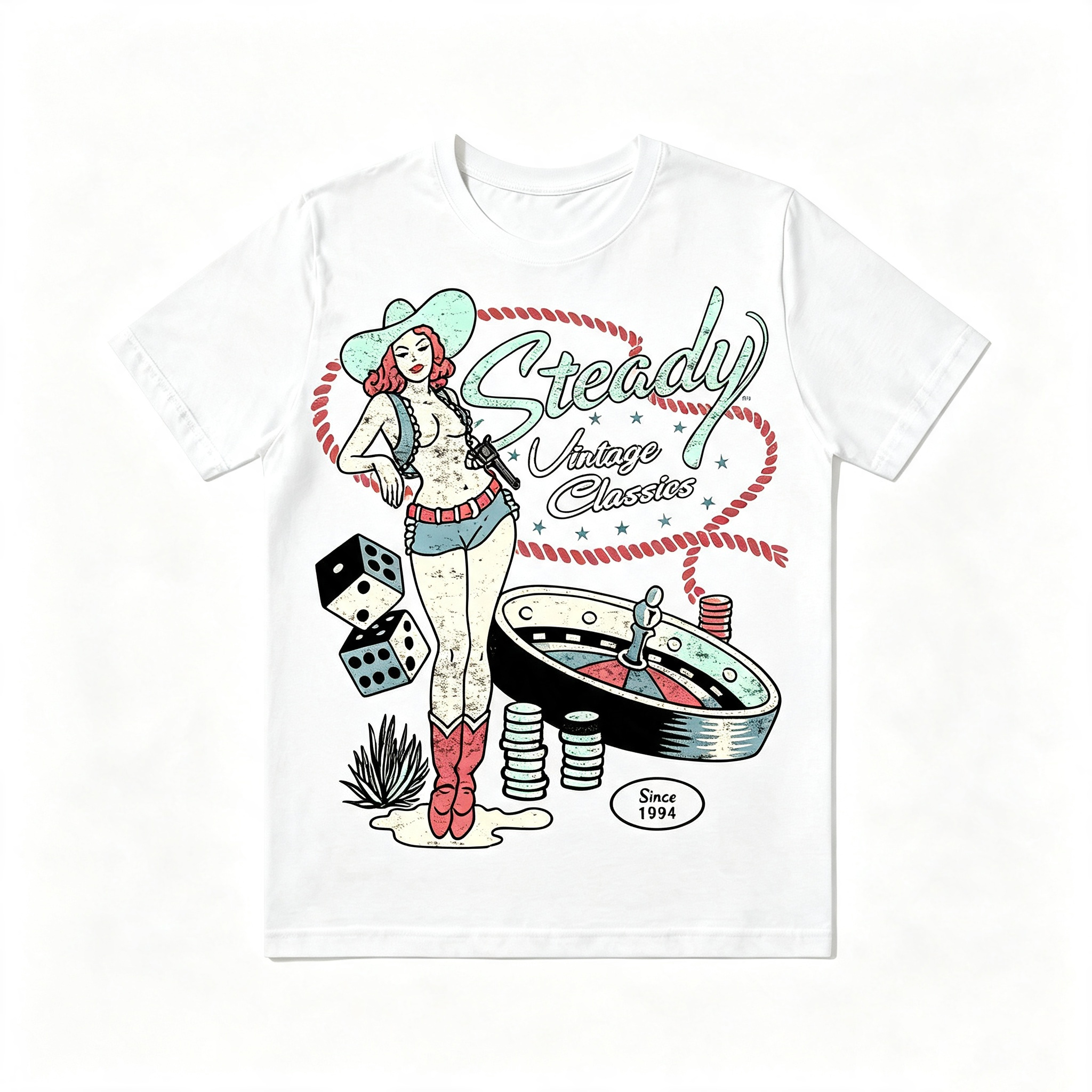 Retro Western Pin‑Up Cowgirl Gambling Dice Roulette Tee